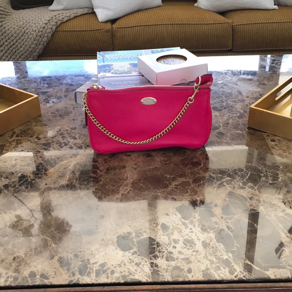 Coach HotPink Leather Shoulder/Wristlet Clutch with Gold Chain